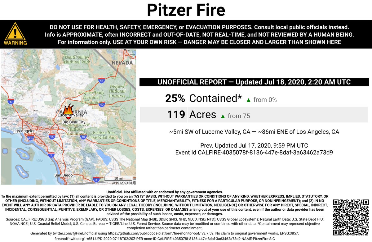 CaliFireBot's tweet photo. #PitzerFire 🔥 unofficial, automated update.
~5mi SW of Lucerne Valley, CA. ⚠️ DO NOT USE FOR SAFETY PURPOSES - See officials instead. May be incorrect; disclaimers in images.
https://t.co/VotOSfH5cA https://t.co/misKwazIQl