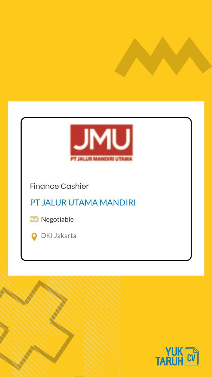 yuktaruhcv's tweet photo. Loker kedua untuk PT JMU
Dibutuhkan finance cashier
Untuk kamu yang sedang #carikerja langsung cek https://t.co/wJKT53iqkf dan apply!
Walaupun weekend gini, ikhtiar ttp jalan dong. Good luckβ¨π
#YTCtips #lokercot #lokerjakarta #Loker2020 #birokerja #loker #Indonesia #infokerja https://t.co/yUu7ZIA70i