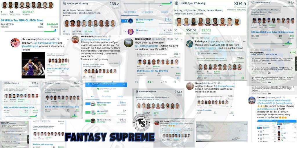 For the #1 #DFS Lineups anywhere on Earth please send a DM for Details or visit website!

⚾️🏀🏈🏒🎾

-My exact #FD+#DK LU’s daily
-BR Management 
-Contest Selection 
-Cheats

You do not need anything more💪🏽

👇🏾In the comments you’ll find 1,000’s of wins for SCROLLING with dates.