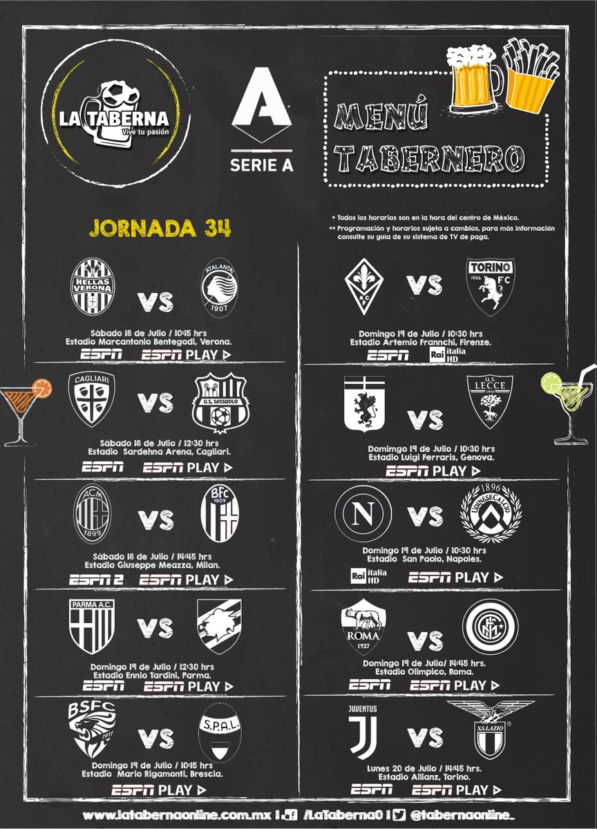 tabernaonline_'s tweet photo. ⚠️⚠️⚠️ Atención ⚠️⚠️⚠️ Mañana hay #Calcio @SerieA 🇮🇹 🇮🇹 y te traemos el #MenuTabernero de la #Giornata34🍕🍝🍕🍝 https://t.co/9aLrZv1TAx