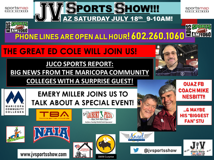 VarsityShow's tweet photo. Join us tomorrow,🕘9-10 AM! We'll talk to @OUAZFootball's🏈@Coach_Nesbitt, Broadcaster🎙️@edcole43, update on @mcccd fall sports🏐,@Team_Emery⚾️#JacobStrong & YOU!!! Phone lines open!☎️ Call us at 602.260.1060📞Listen @KDUSAM1060📻or online: 💻https://t.co/6rCs4BfldW 🌵🎙️🔥 #GoJV https://t.co/yXrvrbcJvC