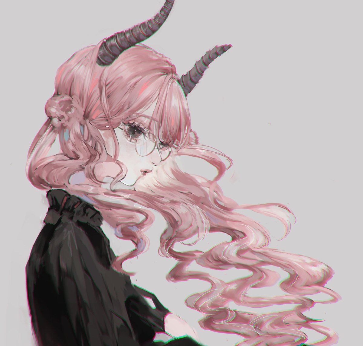 1girl solo horns glasses pink hair long hair grey background  illustration images