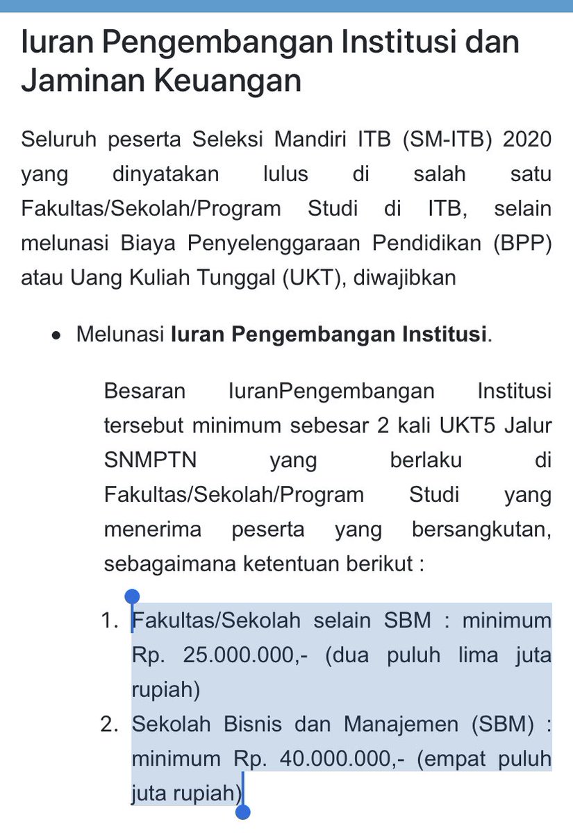 halokampus's tweet photo. UPDATE SELEKSI MANDIRI ITB

Selain UKT, baru saja diberitahukan bahwa ITB juga mengenakan UANG PANGKAL

- Iuran Pengembangan Institusi: Fakultas/sekolah selain SBM minimum Rp25 juta, SBM minimum Rp40 juta

- Jaminan Kemampuan Keuangan, minimal ortu/wali punya rekening Rp100 juta https://t.co/jFfDw8vnAN