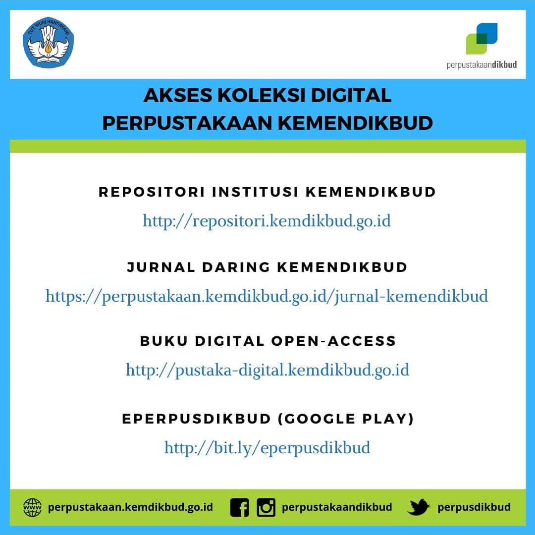 Walaupun #Perpusdikbud masih tutup layanan tatap muka, #SahabatPerpusdikbud tetap bisa akses layanan daring kita.
Yuk cari koleksi yg dibutuhkan di alamat di bawah ini ya :
1. repositori.kemdikbud.go.id
2. pustaka-digital.kemdikbud.go.id
3. bit.ly/eperpusdikbud
4. perpustakaan.kemdikbud.go.id/jurnal.kemendi…
