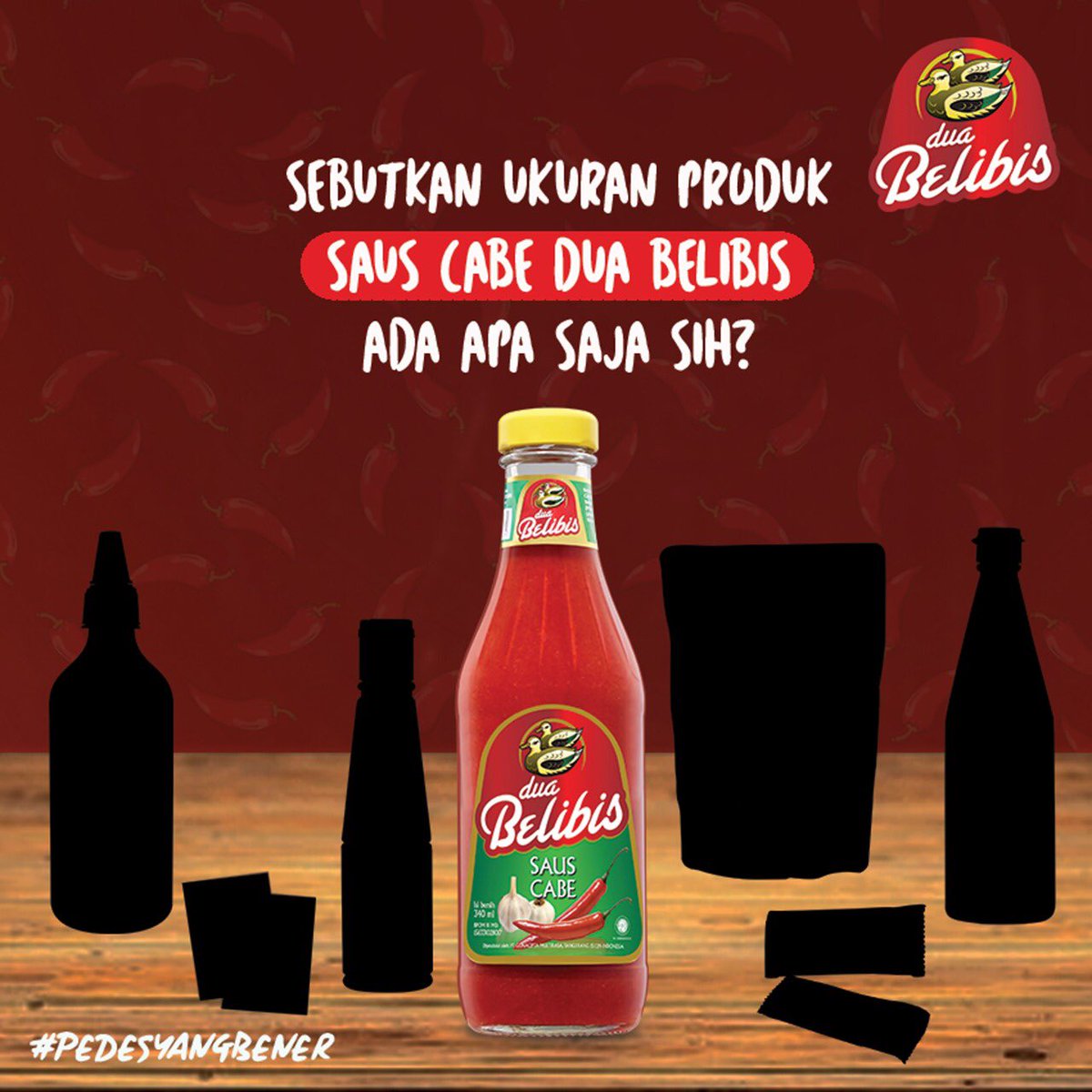 duabelibis's tweet photo. QUIZ ALERT!
.
Dapatkan hadiah menarik untuk 3 orang hanya dengan jawab pertanyaan ini.
.
Sebutkan ukuran produk saus cabe Dua Belibis yang ada di dalam gambar ini? https://t.co/gWRPQfSQYF
