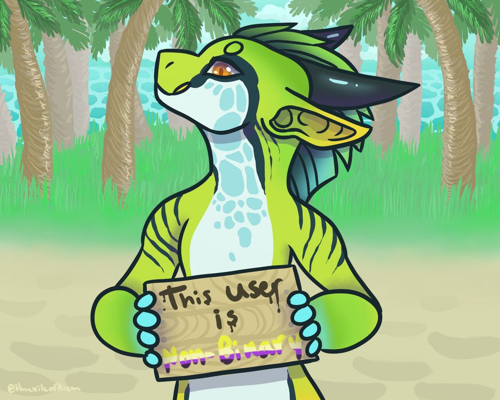 Theexileofkiem's tweet photo. Fiji made me sign! They/She are my pronouns of choice but I don't mind He either. Fiji is one of my sonas. Btw Fiji is a she and she is my age (21). #drake #dragon #seadragon #furry #scalie #seadrake #island #background #nonbinary #they #she #he #palmtrees #ocean #lgbt https://t.co/qQuuyqHizi