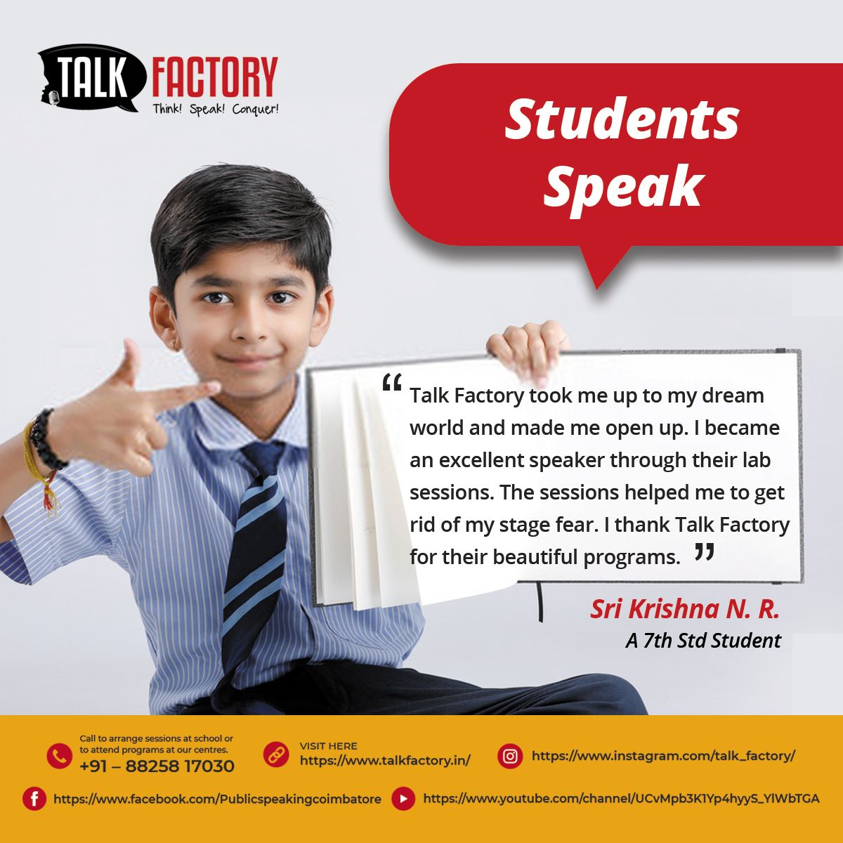TalkFactory_Cbe's tweet photo. "Talk Factory’s Public Speaking workshops give children a proven, step-by-step way for creating, managing, and delivering persuasive speeches on any topic.

Register for free demo class https://t.co/YpryMjVI4r

Call +91 – 88258 17030 or visit https://t.co/6pIfDLLQyn 

#english https://t.co/NiMspp6v2R