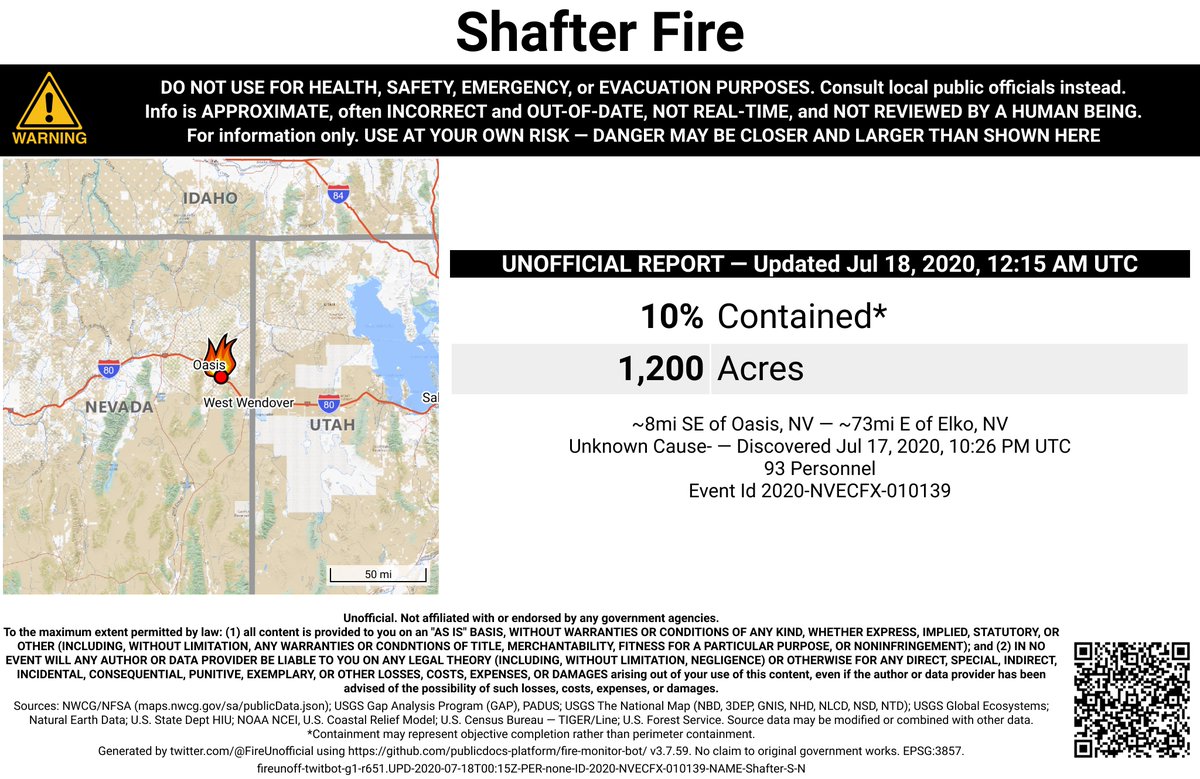 UtahNevFireBot's tweet image. #ShafterFire 🔥 unofficial, automated update.
~8mi SE of Oasis, NV. ⚠️ DO NOT USE FOR SAFETY PURPOSES - See officials instead. May be incorrect; disclaimers in images.