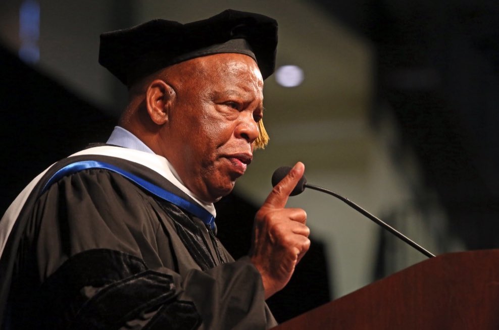 MarquetteU's tweet photo. On August 20, 2014, @repjohnlewis welcomed new students to Marquette with an invitation to partake in one chore: 

Make necessary trouble.

#RIPJohnLewis 

https://t.co/B86BYHOqhz https://t.co/N6g9VSWDbn