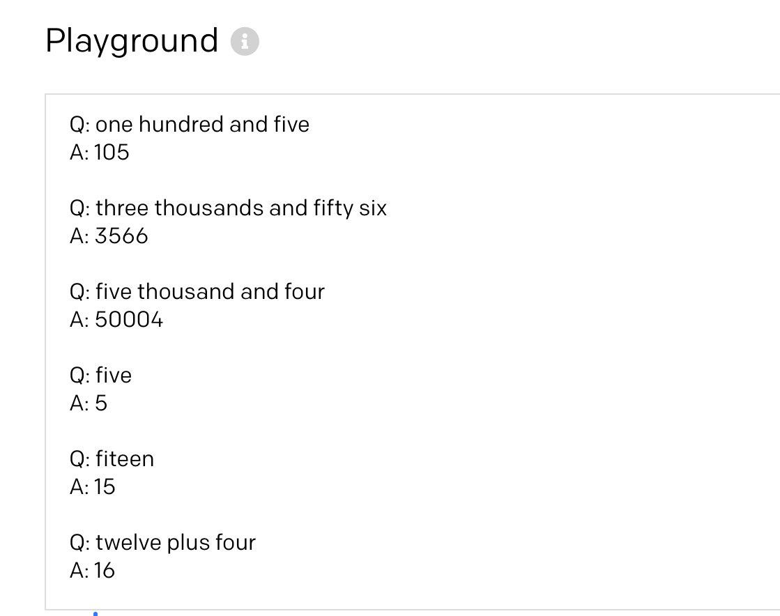 not bad! (but also not perfect)the 'one' and 'two' are the prompts.the rest are the answers. notice the generalization to multiple digits, the generalization to addition, and the weird generalization in five thousands and (concat) 4.