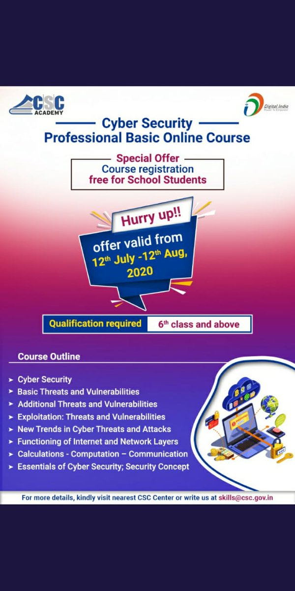 Baljind05172000's tweet photo. 12 july to 12 AUGUST  CYBER SECURITY FREE FOR STUDENTS.. 
#CSCPunjabDay 
@dintya15
@jpsinghch
@CSC_Punjab
@rrsingh15
@MANISH_CSCSPV
@navinpatwardhan
@amitpbspm 
@CSC_Punjab 
@rsprasad 
@wifichoupal 
#CSCseGRAMSWARAJ 
@academy_csc 
@OfficeOfRSP 
@CSCegov_ 
@amitpbspm https://t.co/9Bf5QX0Zmq