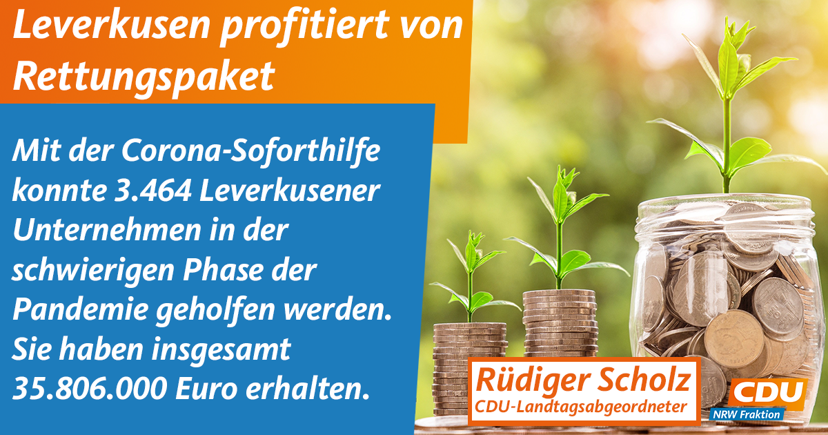 Ruediger_Scholz's tweet photo. Mit der #Corona-Soforthilfe konnte 3.464 Leverkusener Unternehmen in der schwierigen Phase der Pandemie geholfen werden. Sie haben 35.806.000 Euro erhalten. Die Soforthilfe ist eine Erfolgsgeschichte in einer Zeit großer Schwierigkeiten für die Unternehmen. #Leverkusen #NRW https://t.co/hH5NTo3V9P