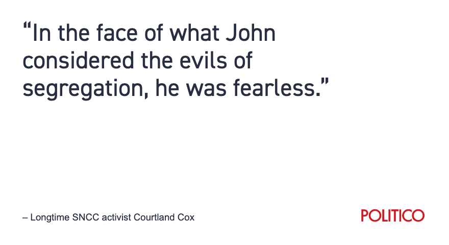 John Lewis participated in key moments of the civil rights movement:• Original Freedom Rider in 1961• Principal speaker at the March on Washington in 1963 • Clubbed during a 1965 march in SelmaThrough it all, he faced taunts, beatings and arrests. https://politi.co/3hbevgj&nbsp;
