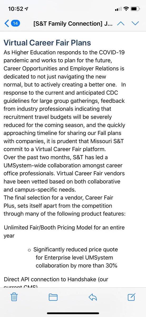 LexieKinloch's tweet photo. @jazzalhu My parents got an email. It was an update on the fall semester planning. First talked about classes then another section talked about career fair https://t.co/p3cNp5LeVw