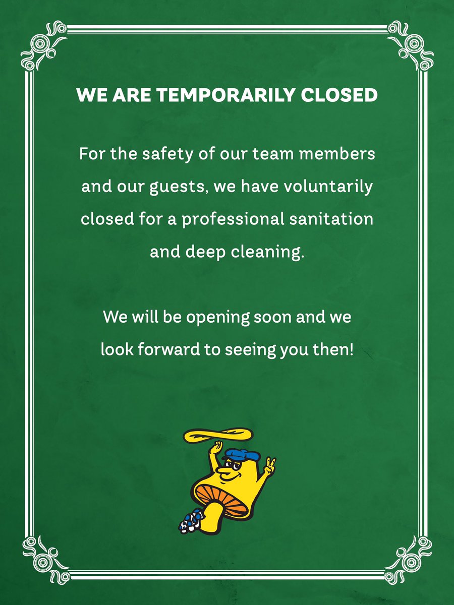 We are closed until further notice, sanitizing and having our entire staff tested, following CDC guidelines. We have had two employees who have tested positive. This weekend we will be taking steps to further protect our staff &amp; guests. Thanks for your support and understanding.