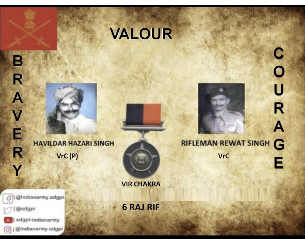 adgpi's tweet photo. 18 July 1948

Jammu and kashmir

Havildar Hazari Singh &amp; Rifleman Rewat Singh along with their team captured enemy position south of Tithwal. Displayed indomitable courage and conspicuous bravery. Awarded # VirChakra.

https://t.co/6o7Fr7YVr9
https://t.co/mxiZS61wWl https://t.co/NgxM1tWFMw