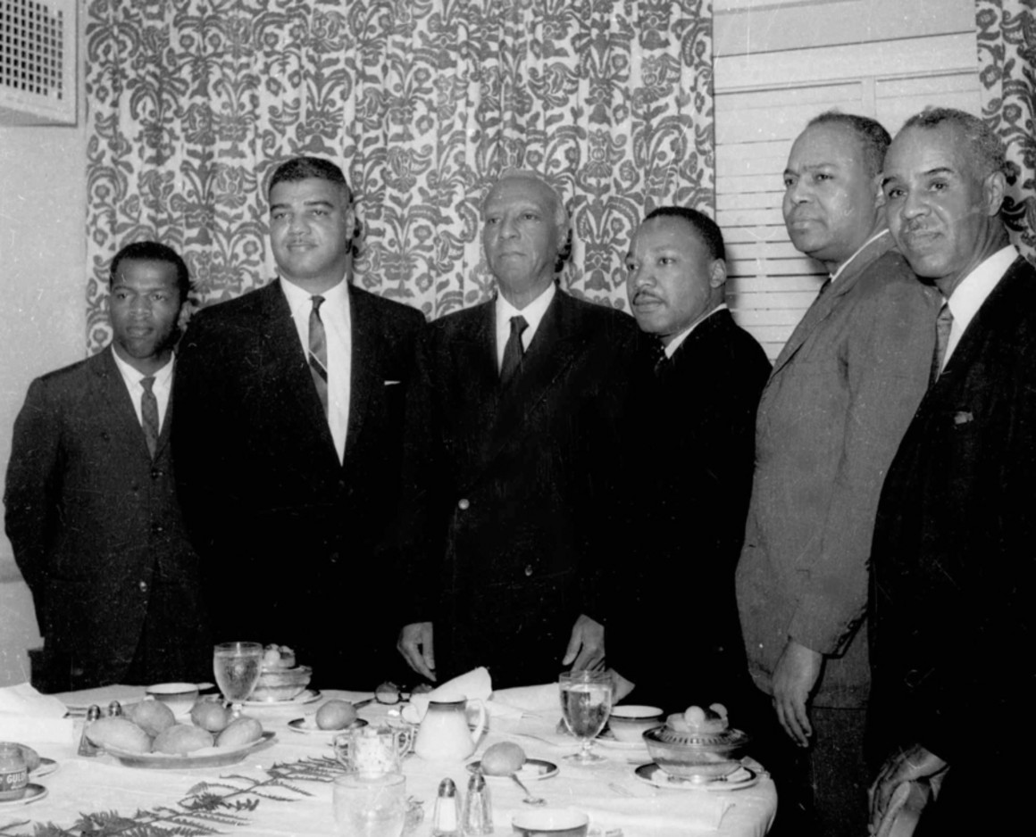 John Lewis helped launch the Student Nonviolent Coordinating Committee. Here he is with the other “Big Six” leaders planning the March on Washington in July 1963. (Lewis is on the far left; MLK Jr. is third from the right.)(: AP)  https://politi.co/3hbevgj&nbsp;