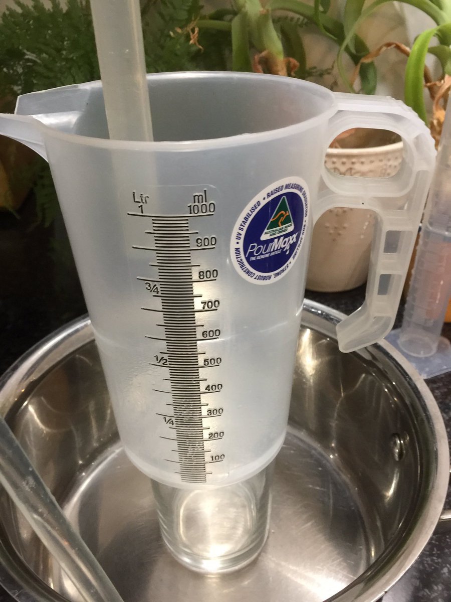 So now we distill a second time, and this time we pay attention to the temperatures - the first 200ml is thrown away, it’s methanol which is not good to drink. This evaporated at a lower temp than ethanol (whichbwe do want)I have a series of glasses lined up that I will fill