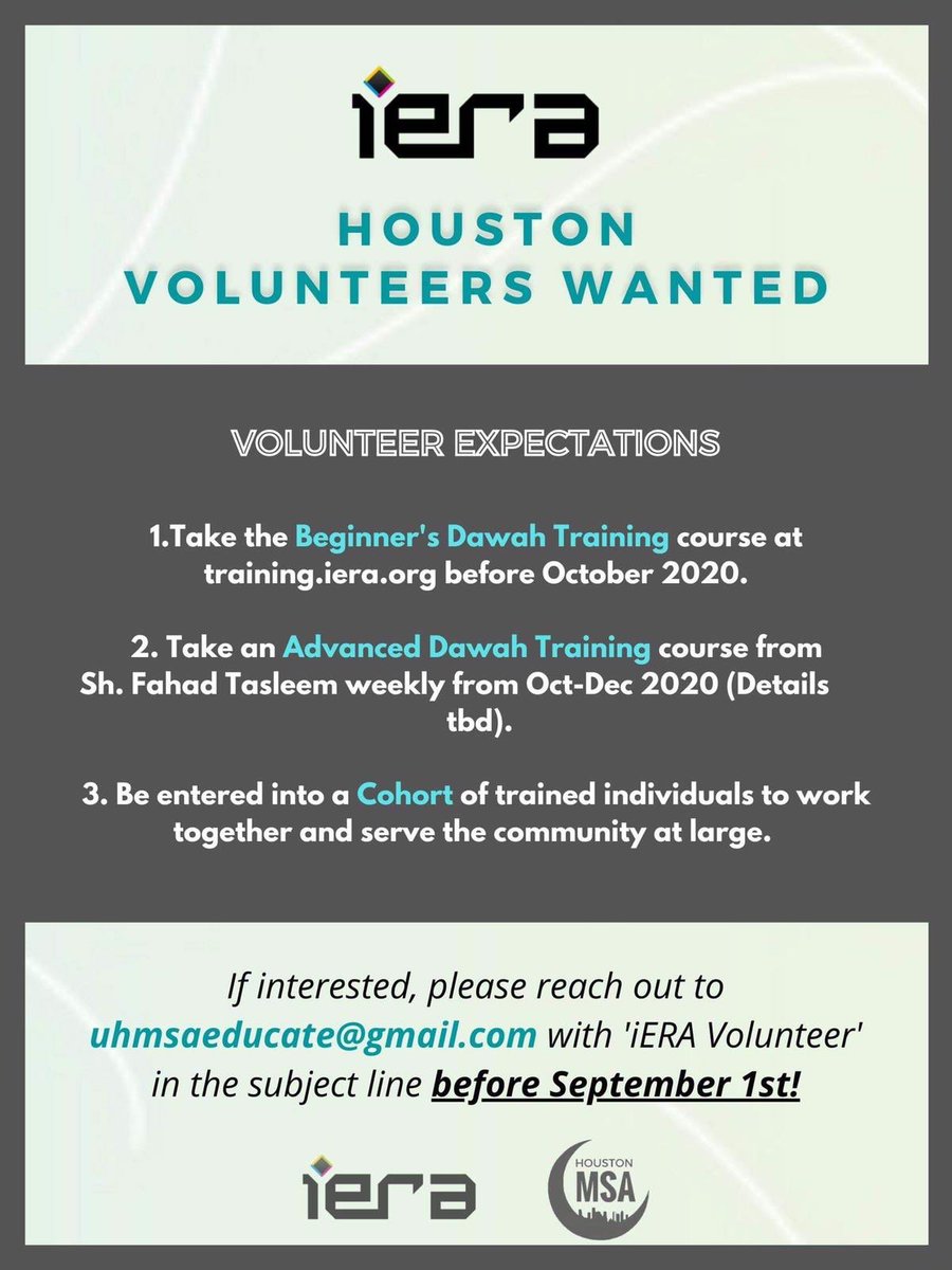 tasleemfahad's tweet photo. Calling the folks in H-Town! Email: uhmsaeducate@gmail.com with “iERA Volunteer” in the subject line.  To check out iERA’s dawah training course visit: https://t.co/FaBAMwy5ha @UHMSA #houstonmuslims #dawahtraining https://t.co/M2zdJnWtj1