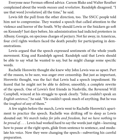 ...but Lewis was not only hesitant to comply on ideological grounds. He had a speech impediment, and he felt he couldn't deliver a completely rewritten speech without sufficient practice...