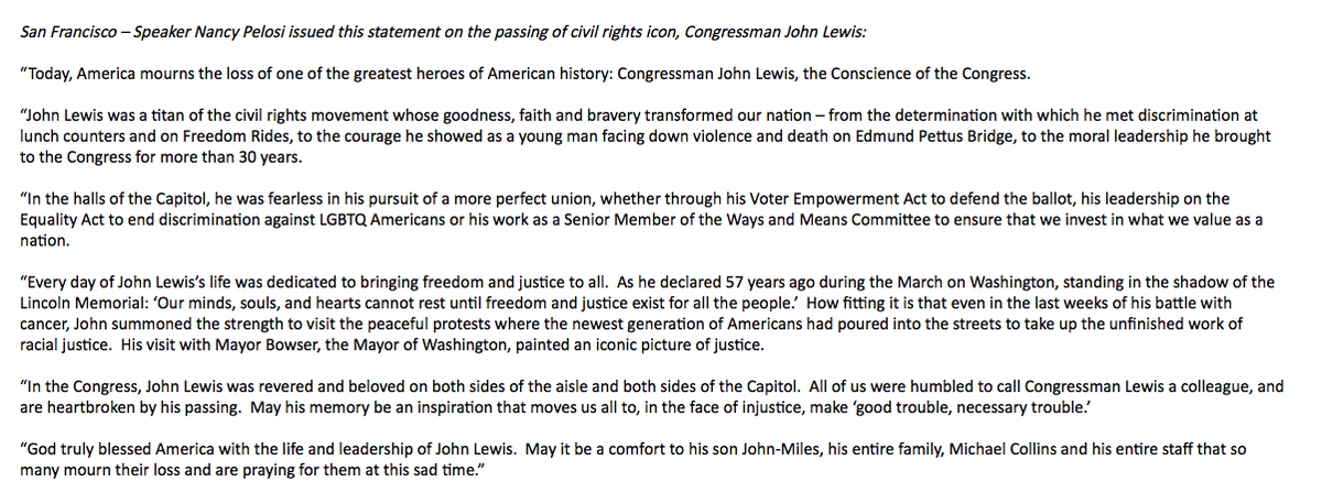 Speaker Pelosi on John Lewis: "Today, America mourns the loss of one of the greatest heroes of American history ... May his memory be an inspiration that moves us all to, in the face of injustice, make ‘good trouble, necessary trouble.’"