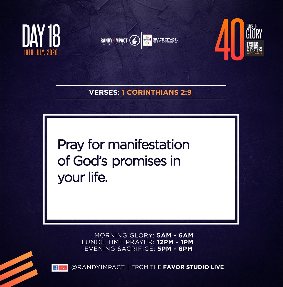 gccworldwide_'s tweet photo. 40 Days Of Glory | Day 18

1 Corinthians 2:9
But, as it is written, “What no eye has seen, nor ear heard, nor the heart of man imagined, what God has prepared for those who love him”. 

PRAYER:
Pray for manifestation of God’s promises in your life. 

#40DaysOfGlory
#BuildToLast https://t.co/mQvCmM0yss