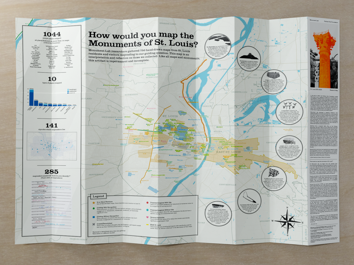 Monument_Lab's tweet photo. How would you map the monuments of St. Louis? Monuments are statements of power &amp; presence. We sought to unfix entrenched mythologies &amp; dividing lines of St. Louis using residents’ hand-drawn maps to reconstitute power, place, &amp; memory. @pulitzerarts https://t.co/SIB7SnP4fp https://t.co/QEFSfWJlbp