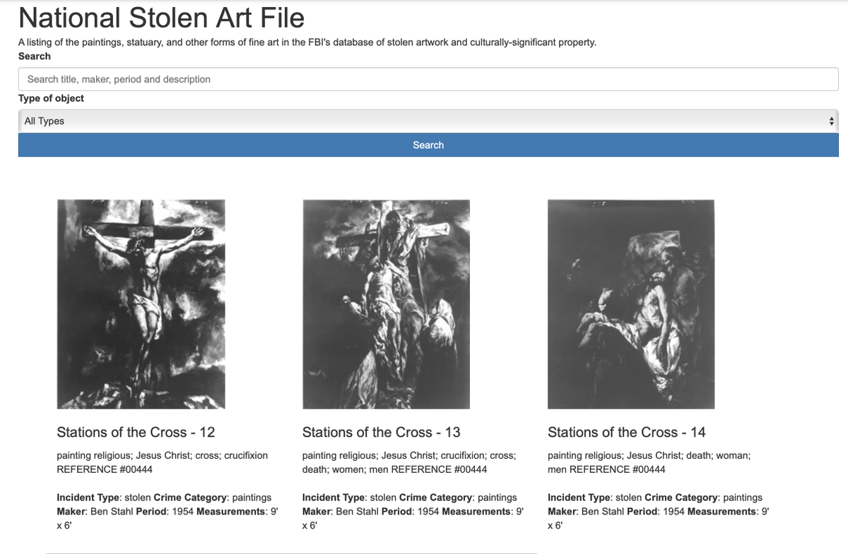 OpenLinkArtData's tweet photo. The National Stolen Art File (NSAF) is a database of stolen art and cultural property. Stolen objects are submitted for entry to the NSAF by law enforcement agencies in the U.S. and abroad. 
https://t.co/EK6QrF2cyh
#artcrime #database https://t.co/GeeROdKf7h