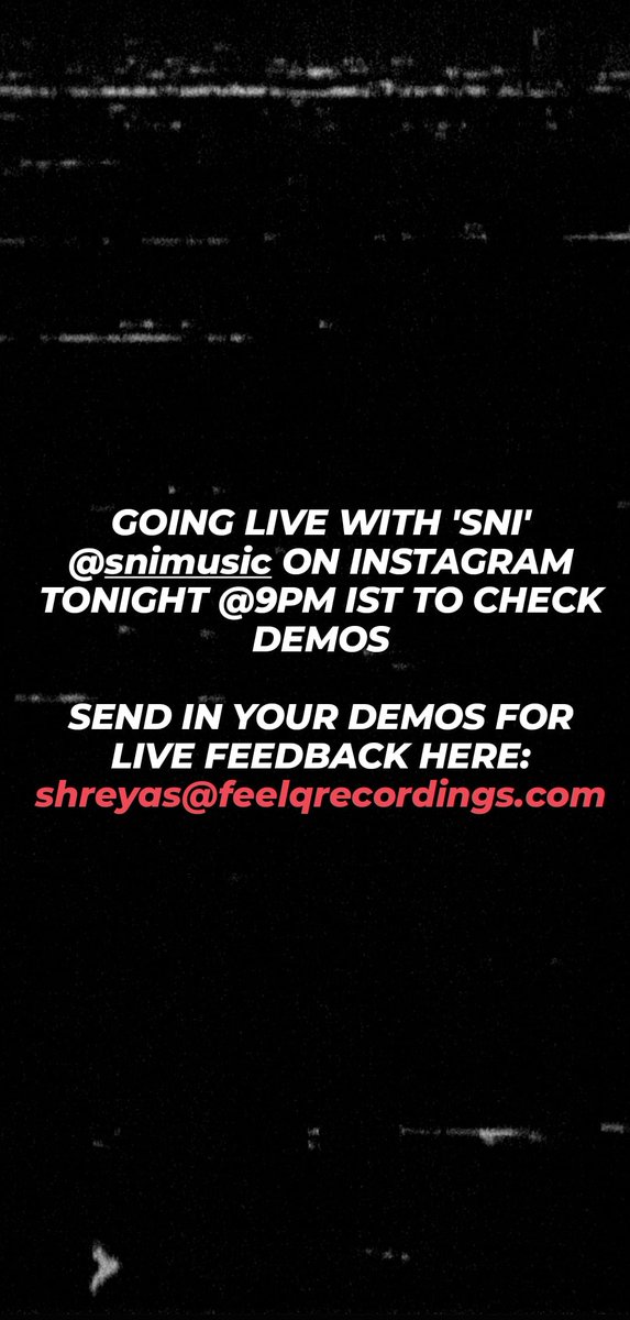 Drexity's tweet image. Doing a LIVE demo session with @sniofficial on Instagram at 9PM IST Today! 
Make sure to send in your demos:
Shreyas@feelqrecordings.com