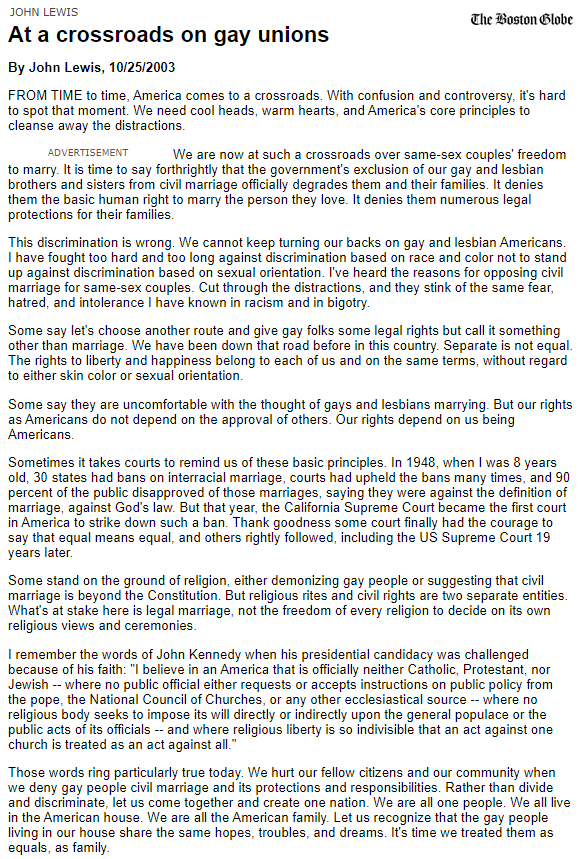 chrisdonovan's tweet photo. For many years John Lewis was one of only a few politicians in the country who publicly supported same-sex marriage. 17 years ago he wrote this OpEd in the Boston Globe laying out the reasons why. https://t.co/5hf1ZYlRbW