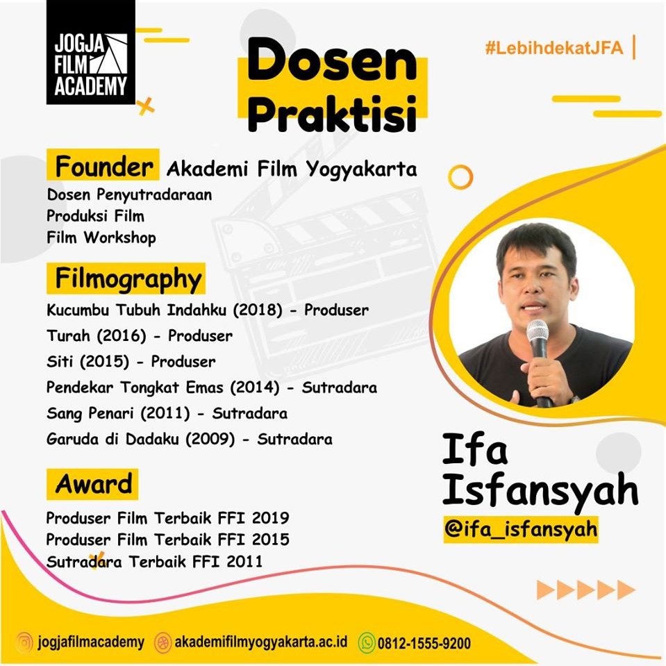 jogjafilmac's tweet photo. Dosen praktisi pertama yang kita bahas kali ini adalah @isfansyah beliau adalah dosen mata kuliah Film Workshop, Penyutradaraan dan Produksi Film yang sekaligus pendiri Akademi Film Yogyakarta.

Bersambung ke profil dosen praktisi selanjutnya... https://t.co/9rMOxMoIff