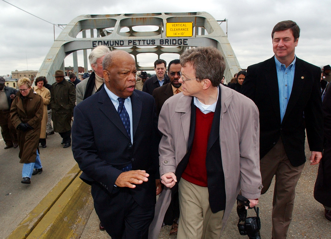 During his congressional career, John Lewis often led bipartisan delegations of lawmakers to the Edmund Pettus Bridge to reenact the Bloody Sunday march. Those members often came away vowing to work for a more equitable society.Here's Lewis with then-Sen. Mike Dewine in 2004.