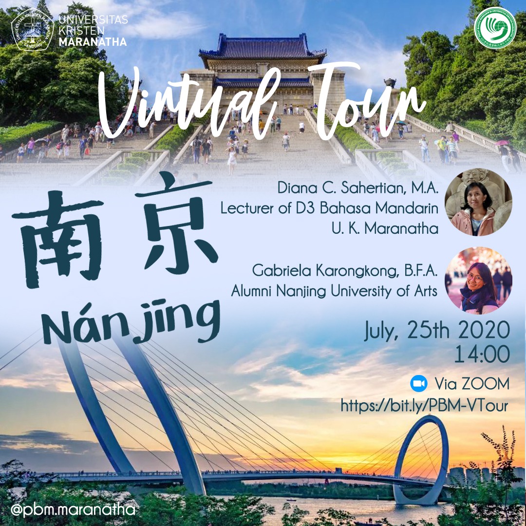 大家好！

Mumpung masih liburan yuk ikutan PBM Virtual Tour ke Nanjing hari Sabtu 25 Juli 2020 pk. 14.00-15.15 WIB melalui aplikasi ZOOM.

Yuk buruan daftar melalui link pendaftaran bit.ly/PBM-VTour

南京见！