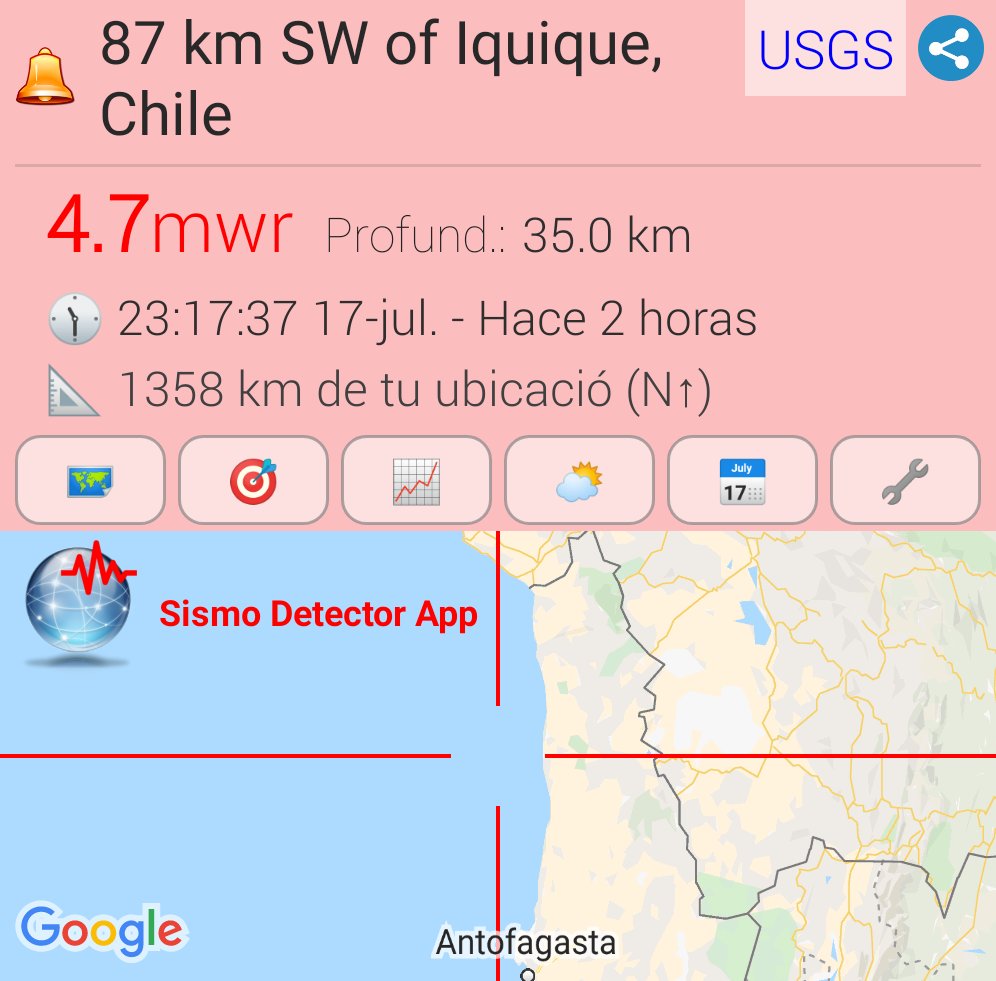 Hauchhhh's tweet photo. #sismo M4.7,  87 km SW of Iquique, Chile. Reportado a través de la app Sismo Detector. Descarga la app desde https://t.co/iN21udzOsV para recibir alertas de #sismo en tiempo real @SismoDetector https://t.co/t96yFEk484