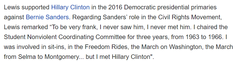 in 2011 john lewis voted against withdrawal of US forces from libya. this is the intervention that brought back slave markets. and this statement in 2016 is sickening, erasing bernie's activism while falsely adding hillary clinton, the proud "goldwater girl", into the history