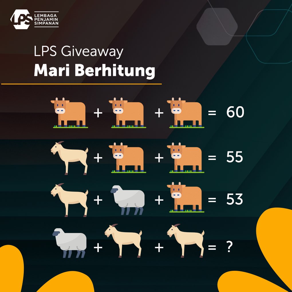 lps_idic's tweet photo. Sahabat LPS, Hari Raya Idul Adha akan tiba dan Bambang ingin membeli beberapa hewan kurban untuk Hari Raya Idul Adha. Yuk, ikutan bantu Bambang berhitung berapa hewan kurban yang dimiliki Bambang. Untuk kamu yang tahu jawabannya, langsung tulis di kolom komentar ya!⁣⁣⁣⁣⁣⁣⁣ https://t.co/X5owTdcgOi