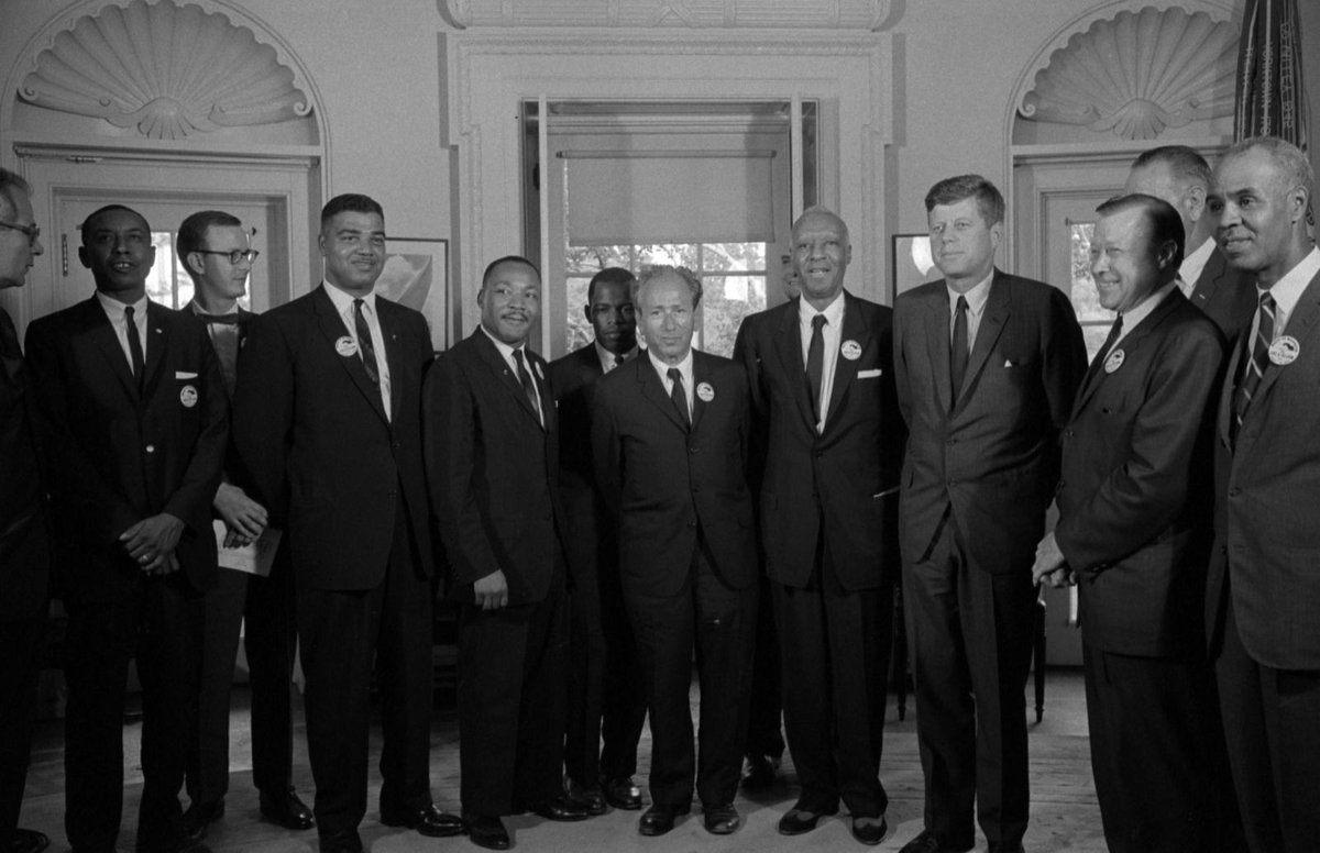 US President John F. Kennedy meets with civil rights leaders in 1963 after the March on Washington. John Lewis is in the center, next to Martin Luther King Jr. Photo credit: Universal History Archive/UIG/Getty Images.  #JohnLewisRIP