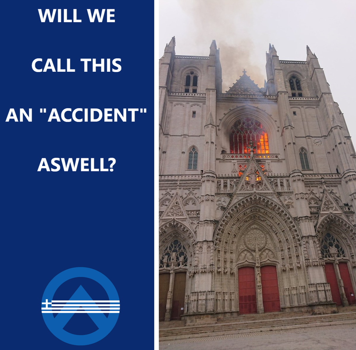 GIdentitarian's tweet photo. Will we call this another "accident"?Just like Notre Dame some people set the cathedral on fire.Stop the lies and start defending France.#DefendEurope #DefendFrance #cathedralenantes #cathedral #Nantes #arson #France #Islam #fire #Γαλλια https://t.co/syjWfXewBg