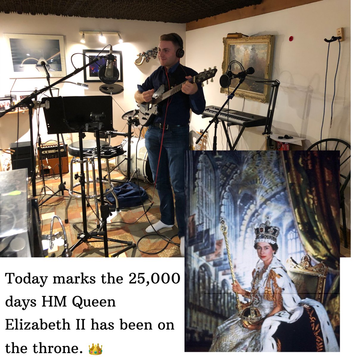 JPSchwartzMusic's tweet photo. Today marks the 25,000 days HM Queen Elizabeth II has been on the throne.🎵🎸🎶🎼👑💂🏻♀️🇬🇧
#QueenElizabethII #Coronation #StEdwardsCrown #25000DaysOnTheThrone #QueenOfTheUK #HouseOfWindsor #Guitar #Guitarist #SingerSongwriter #Music #Musician #RecordingSession #JonahSchwartzsMusic https://t.co/WbpE68yBxp