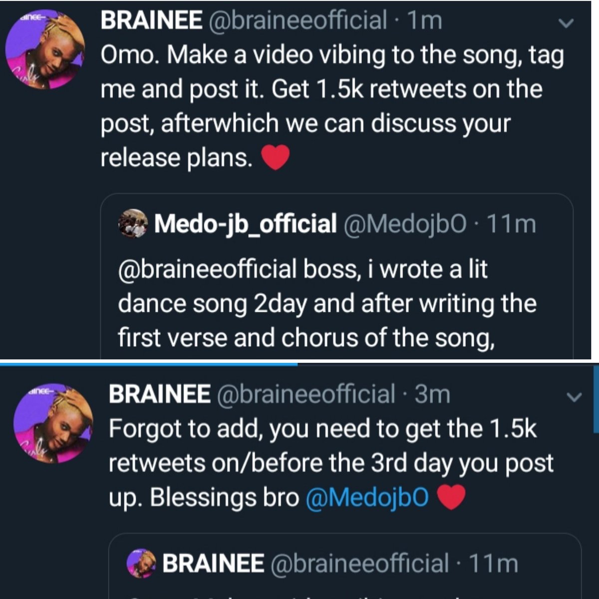 MedojbO's tweet photo. A quick reminder to you'll 🙏
12am this midnight the song video snippet will be posted and we have to get 1.5k retweet so that @braineeofficial can jump on a verse of the dance song. Thank you in advance and please tell your guys to get ready❤❤🙏 https://t.co/3d6wsU8bgT
