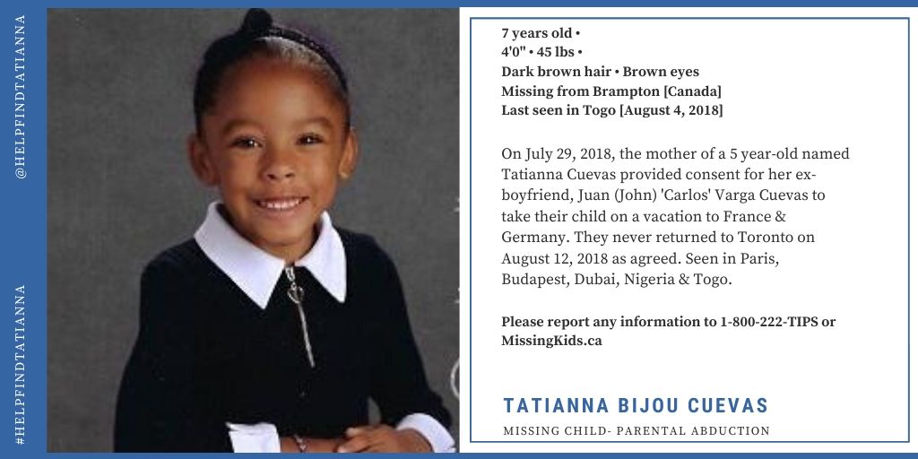 itsShevy's tweet photo. On July 29, 2020 it will be 2 YEARS since 5 year old Tatianna Cuevas said goodbye to her mother as she left TORONTO with her father John 'Carlos' Varga Cuevas to go on a 2 week vacation to Europe. They never returned. Please SHARE on all social media to #HelpFindTatianna https://t.co/iGczmge5Br