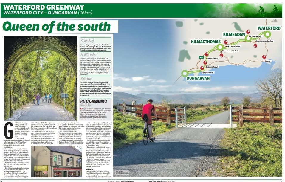 Delighted that our <a href="/WaterfordGrnWay/">Waterford Greenway</a>  got the centre page spread the '10 Cycles to do this Summer' supplement in today's <a href="/Independent_ie/">Irish Independent</a> , it was a pleasure to supply some of the photos for it. #Waterford, #Dungarvan 

<a href="/eunicepower/">Eunice Power</a>, <a href="/chcgreenway/">Coach House Coffee</a>, <a href="/WSVRailway/">WSV Railway</a>, @mountcongreve