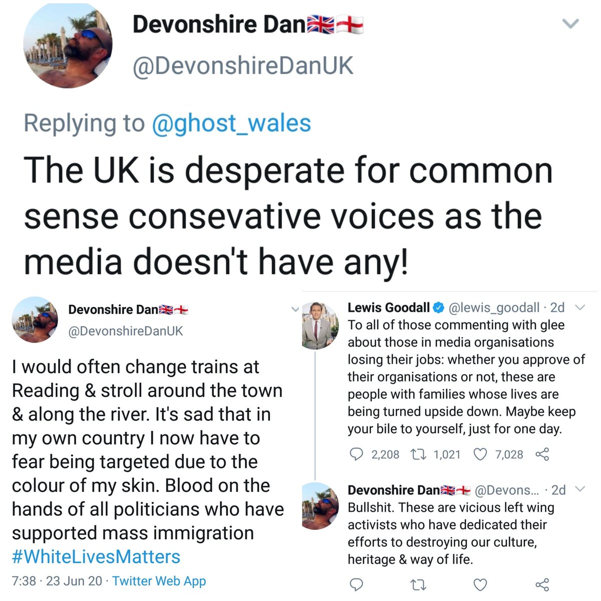 docrussjackson's tweet photo. Devonshire Dan's "common sense":
White people brave enough to venture outdoors in Reading "fear being targeted due to the colour of their skin!"
British journalists are "vicious left-wing activist dedicated to destroying our culture, heritage & way of life!"
#SimpleCommonSense https://t.co/RLRboOdCZC