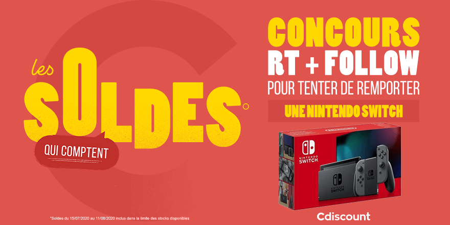 🎁 #Concours #CdiscountSoldes 🔥 On vous fait gagner une Nintendo Switch : bit.ly/391s7Ih Pour tenter de la remporter : 🔸 RT ce tweet 🔹 Follow @Cdiscount ⏰ TAS 23/07