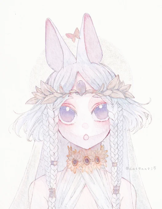 今回の展示用に描いた物販用の絵です。
自分は首に性別を明記するような特徴を描くのですが、今回は首飾りで隠しています。
性別は受け取る側に託されているし、私の中ではどちらの性もありません。ただ可愛いとか、ただ美しいという己の感性に任せて描きました。
という裏話。 