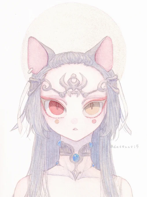 今回の展示用に描いた物販用の絵です。
自分は首に性別を明記するような特徴を描くのですが、今回は首飾りで隠しています。
性別は受け取る側に託されているし、私の中ではどちらの性もありません。ただ可愛いとか、ただ美しいという己の感性に任せて描きました。
という裏話。 