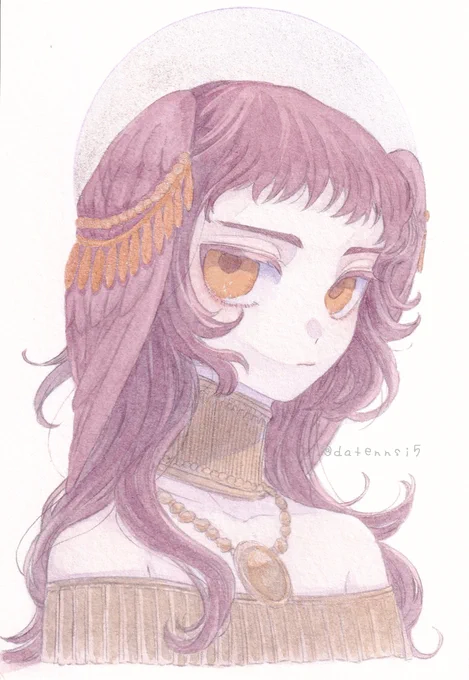 今回の展示用に描いた物販用の絵です。
自分は首に性別を明記するような特徴を描くのですが、今回は首飾りで隠しています。
性別は受け取る側に託されているし、私の中ではどちらの性もありません。ただ可愛いとか、ただ美しいという己の感性に任せて描きました。
という裏話。 