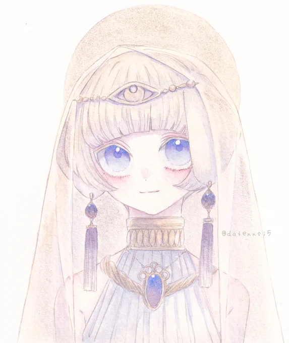 今回の展示用に描いた物販用の絵です。
自分は首に性別を明記するような特徴を描くのですが、今回は首飾りで隠しています。
性別は受け取る側に託されているし、私の中ではどちらの性もありません。ただ可愛いとか、ただ美しいという己の感性に任せて描きました。
という裏話。 