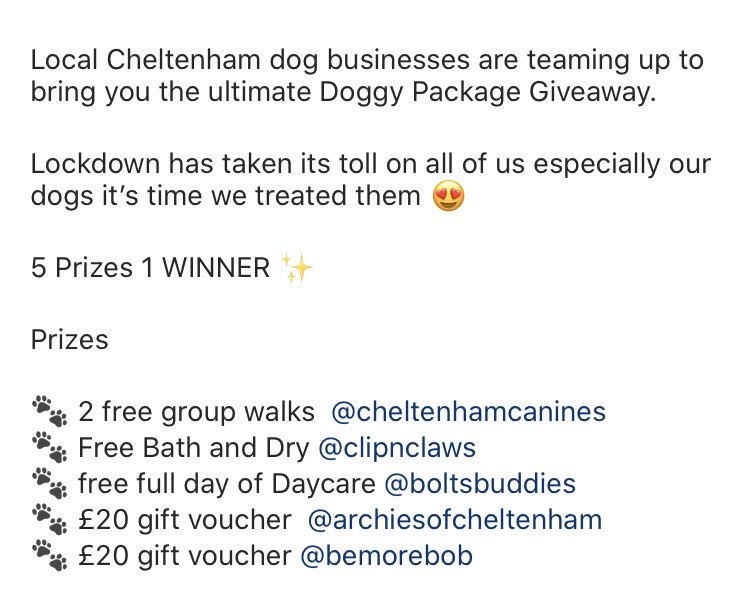 bemorebob2's tweet photo. Dogs of Cheltenham, head over to Instagram for the most amazing giveaway! Five amazing Chelt dog business have teamed up to support each other and give you the chance to win amazing prizes! @clipnclaws on insta 🐾🐾❤️❤️
#Cheltenham #Chtenhamdogs #dogsofcheltenham https://t.co/t4Tt1pAkDL