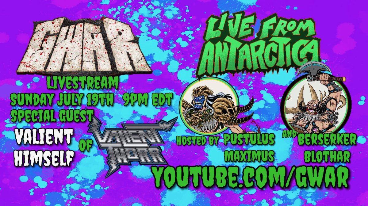 gwar's tweet photo. Sunday 9pm @ https://t.co/JpnTJcqMcR. @Pustulus, @ThisIsBlothar and special guest Valient Himself from @ValientThorr. #GWAR #LiveFromAntarctica #ValientThorr https://t.co/f6FoN17Vho